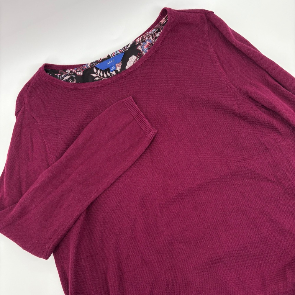 Apt. 9 Women M Pullover Sweater Burgundy Floral Back Buttons
Sheer Lined Layered